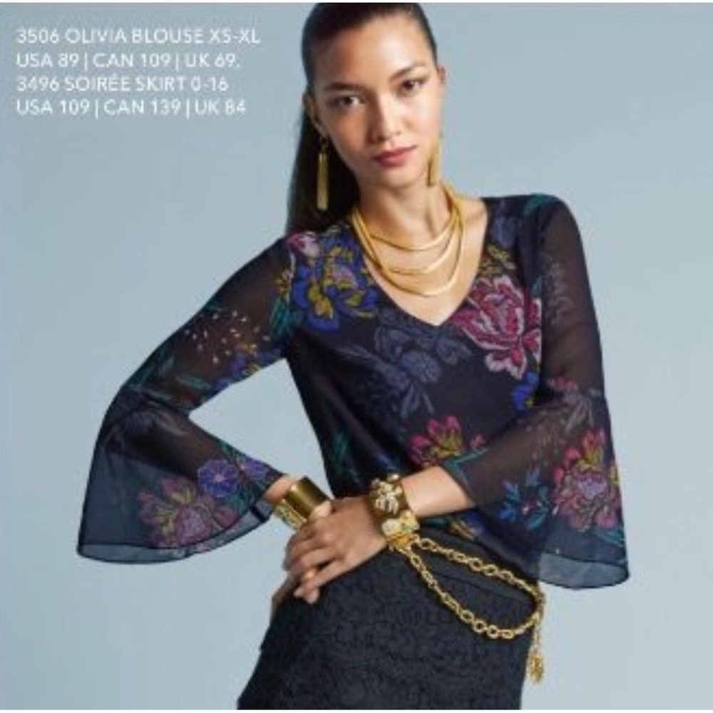 Cabi Floral V-Neck Blouse Women Large Black Multi Excellent Bell Sleeve 3506